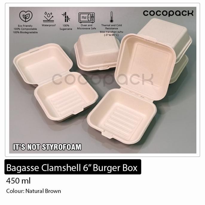 

Terlaris Bagasse Clamshell 6 inch Burger Box 450ml Natural BROWN Food Container SALE