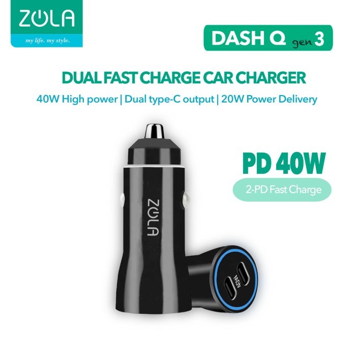 Zola Dash Q Gen 3 Car Charger Mobil 40W 20W Dual Port USB Type C PD QC