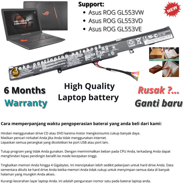 ada Baterai Laptop Asus ROG GL553VW GL553VD GL553VE Notebook Battery