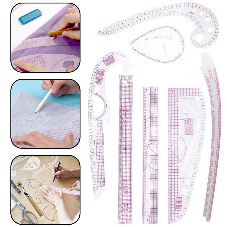 Isi 7pcs Penggaris Pola Jahit Set Lengkap Mistar Pola Jahit Garisan Pola Jahit Pakaian Pola Quilting