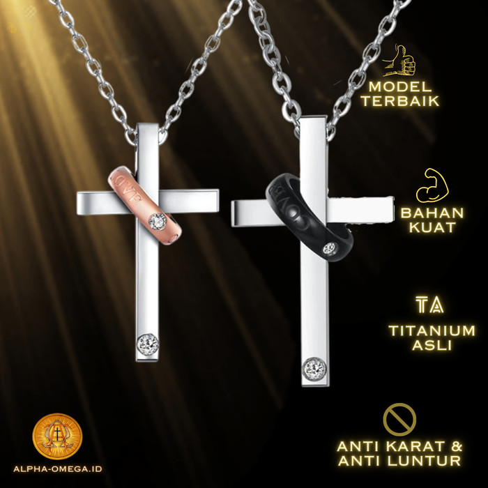 Azzatun - Kalung Salib Cincin Couple Titanium Aksesoris Rohani Kristen Katolik