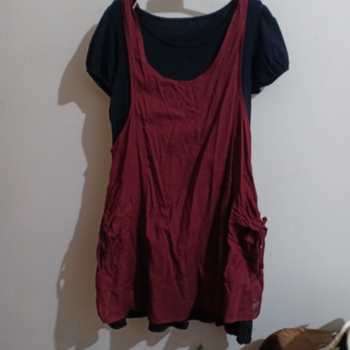 Baju Terusan Wanita Dress Casual Maroon Merah Hitam Set