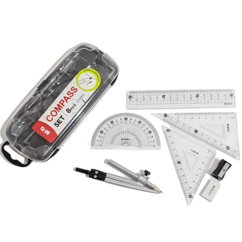 

M&G Compass Set 8Pcs Acs 908D9 / M&G Jangka, Busur, Ggaris Segitiga / Alat Tulis Jangka Ggaris Set