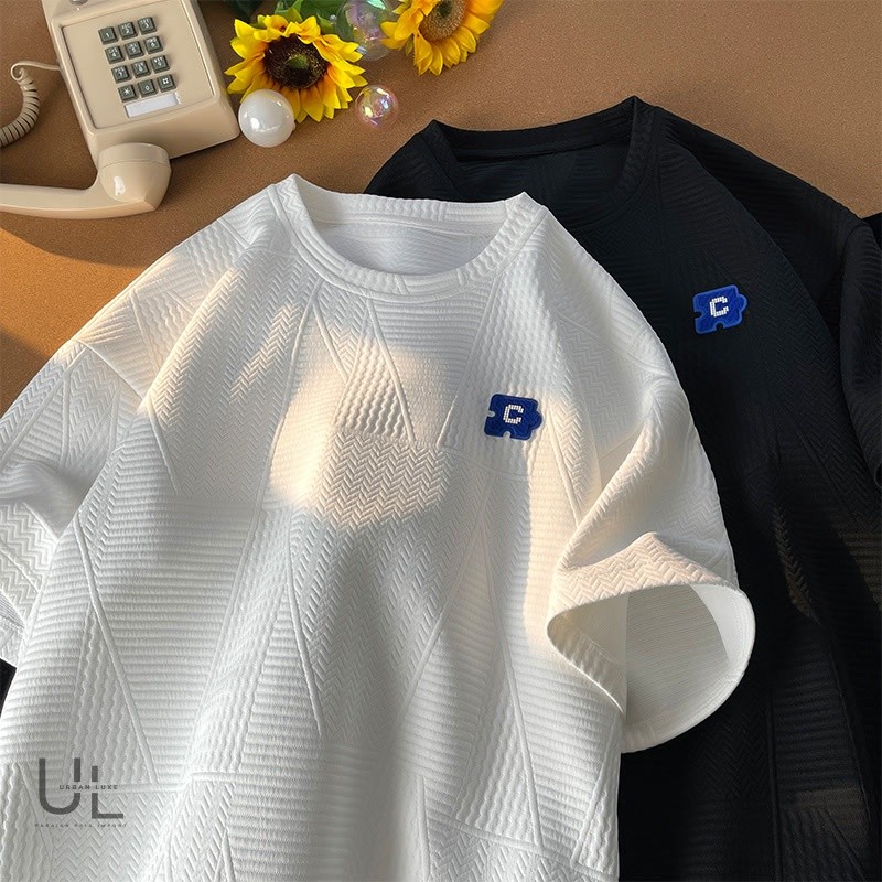 Waffle Short Sleeve Men's round Neck T-Shirt Loose