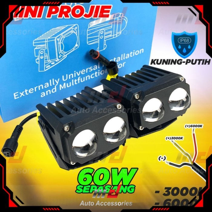 Mini Projie 2 Mata BiLED HiLow KUNING PUTIH 60watt Foglamp Mobil Motor