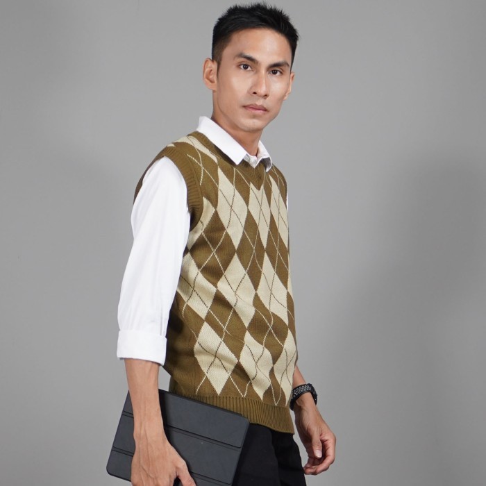Okechuku Rompi Pria Vest Pria Motif Kotak Vest Rajut Pria Rompi Custom