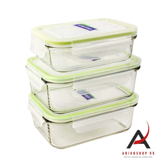 KOMPLIT Glasslock Set 3 Pcs Wadah Makanan/Tempat Makan Tahan Panas Brand Korea