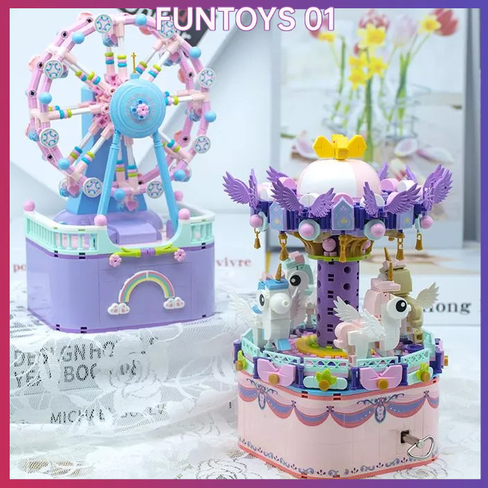Diy Korsel Horse ferris wheel Kotak musik berputar Blok bangunan Mainan taman hiburan Hadiah ulang t