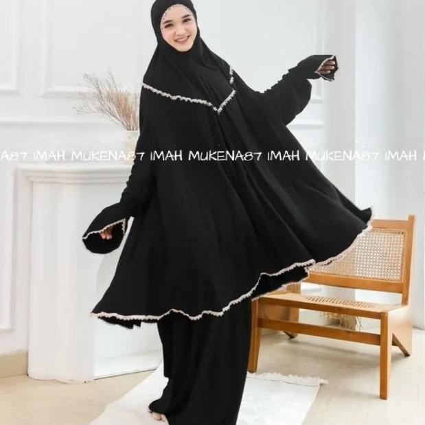 MUKENA UMROH HAJI RAYON TWILL BERSAKU PENUTUP DAGU STELAN BERLENGAN ADEM JUMBO