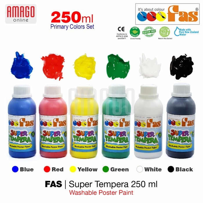 

TERMURAH - PAKET 6 WARNA DASAR - FAS SUPER TEMPERA WASHABLE POSTER PAINT - 250 ml