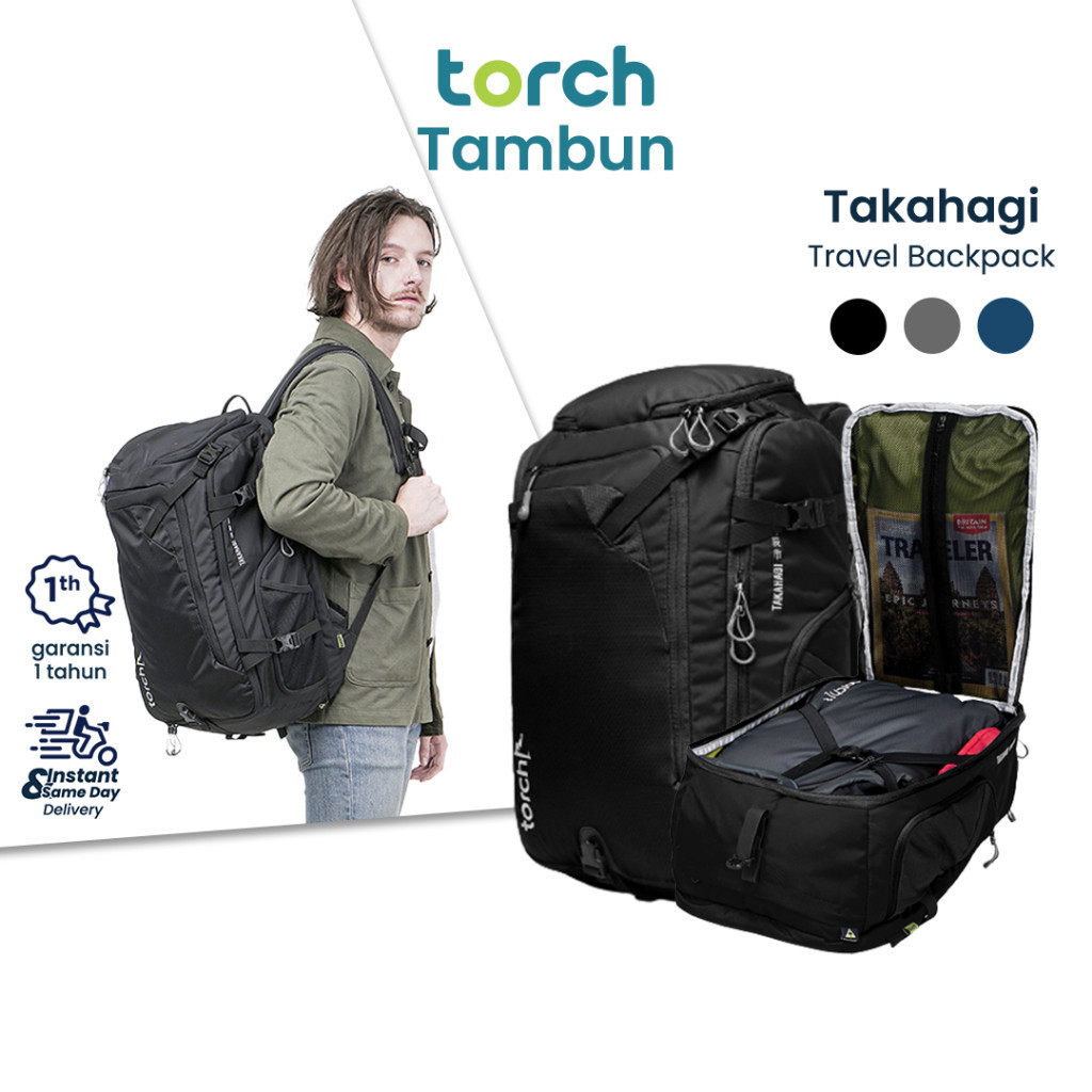 TORCH Tas Ransel Backpack Takahagi Travelling Outdoor Kerja Laptop Pria Wanita 40 Liter + Rain Cover