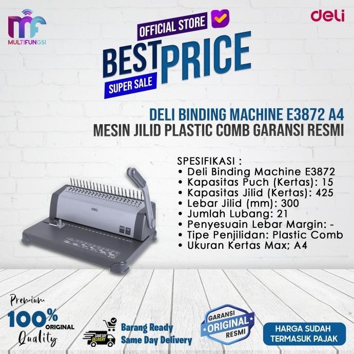 

Deli Binding Machine E3872 A4 Mesin Jilid Plastic Comb Garansi Resmi