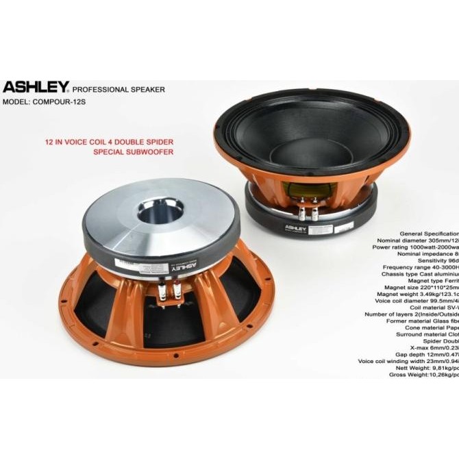 TERBARU - Speaker komponen SUBWOOFER ASHLEY 12 inch COMPOUR 12S Original TERBAIK