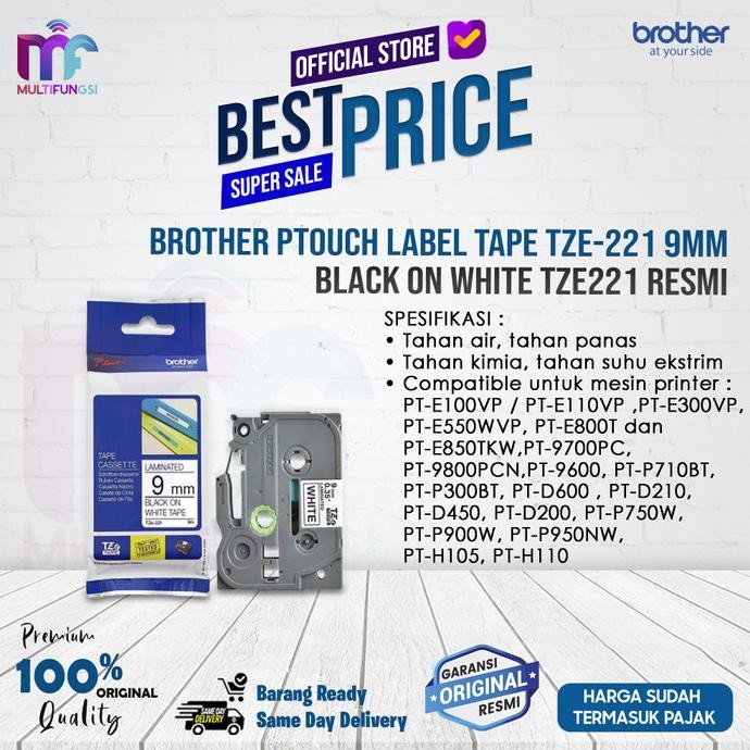 

Brother Ptouch Label Tape TZE-221 9mm Black on White TZE221 Resmi