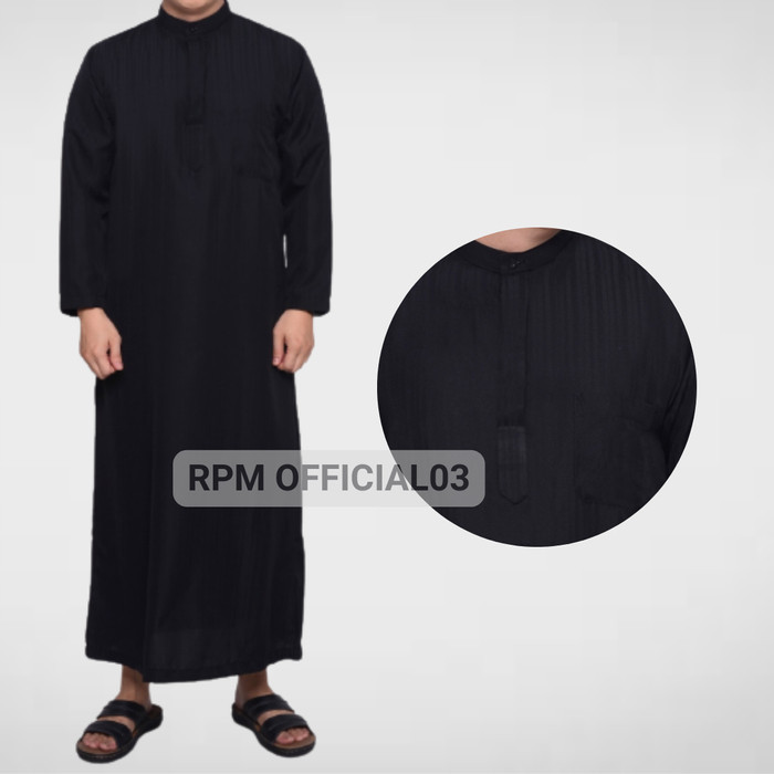 BISA COD Gamis Pria Jubah Premium Hitam Polos Kancing Bahan Katun Motif Mewah - Hitam Polos, L