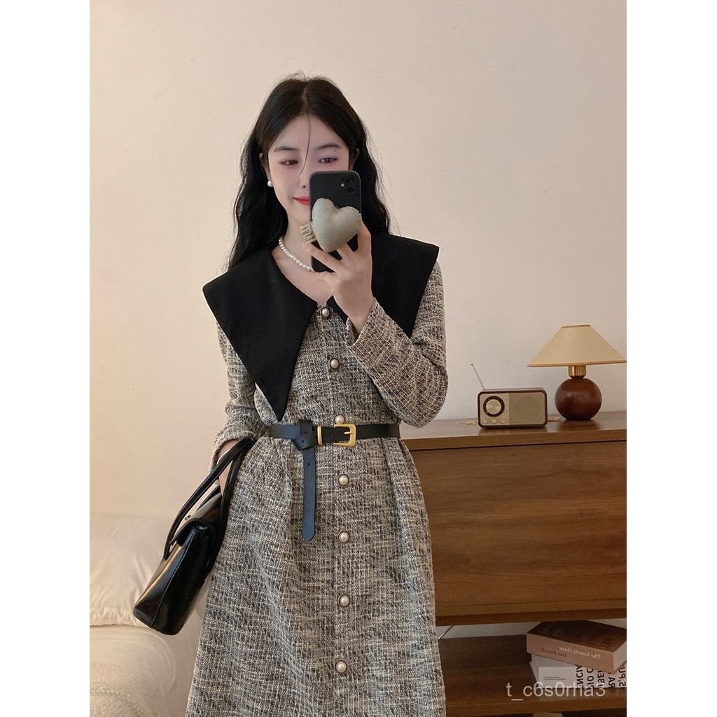 Chanel Style Long Sleeve Dress Fat MM Slimming Dress Cinched Patchwork 4V9H