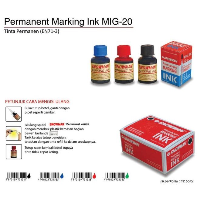 

BARU ISI SPIDOL REFILL PERMANENT INK SNOWMAN MIG-20 GROSIR