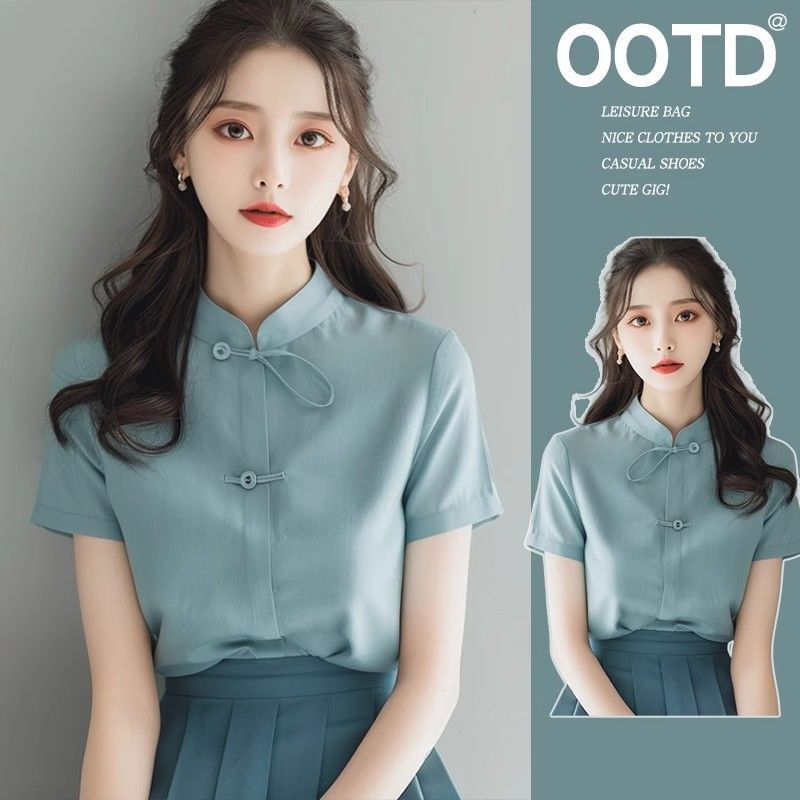 Baju Wanita Lengan Pendek, Baju Atasan Wanita Kerah Berdiri Unik, Desain Baru, Baju Kancing Simpul C