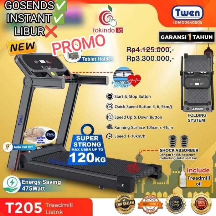 TREADMILL T205 LISTRIK ALAT OLAHRAGA RUMAHAN LARI GYM FITNES ORI TWEN
