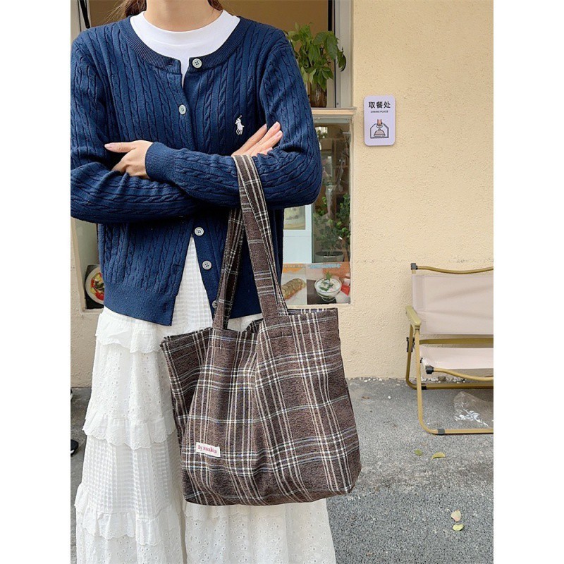 Tas Wanita Kapasitas Besar, Tas Wanita Kapasitas Besar, Tas Wol Vintage, Tas Kotak-kotak, Tas Tangan