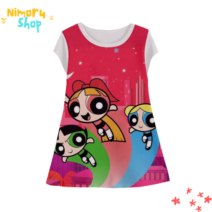 Baju Dress Anak 3D Tunik-Powerpuff-3-designWD Anime The Powerpuff Girls Tunik Untuk Usia 1-12 Tahun 
