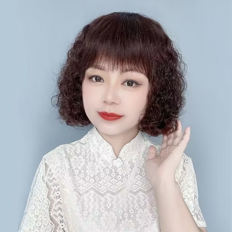 Wig Keriting Kecil Wanita, Rambut Palsu Pendek Keriting Fashion Ibu Rambut Asli Sedang dan Lama Simu
