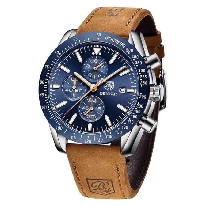 

BLUE- JAM TANGAN PRIA BENYAR BY-5140LE-SLVBLU CHRONOGRAPH BLUE DIAL BROWN L