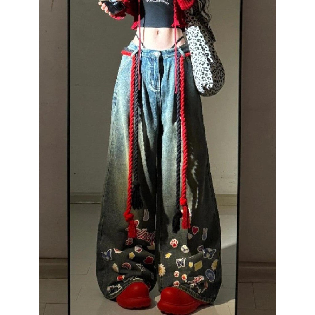 Celana Pel Kaki Lebar Jeans Graffiti Kartun Celana Panjang