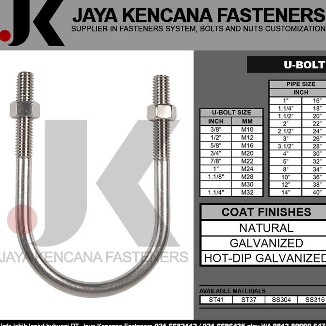 u-bolt / baut u ss304 m10 3/8" x 4" (stainless steel) 