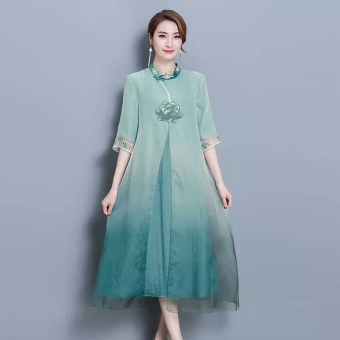 Meno - Cheongsam Qipao Dress Imlek Cny Sangjit Bunga Biru Bordir