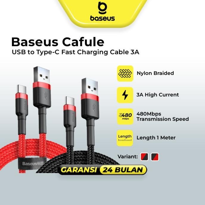 Baseus Cafule Kabel Charger USB A to Type C 1M - CATKLF-B Garansi