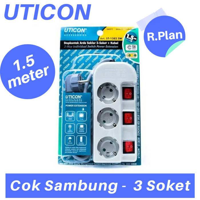 BEBAS ONGKIR - Cok Sambung 3 lubang / Colokan Sambung 3 socket UTICON 1.5 meter