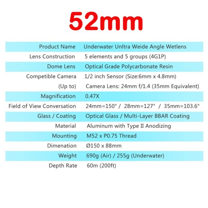 Dome Camera Underwater XAdventurer UWL-150 52mm 67mm Ultra Wide Lens