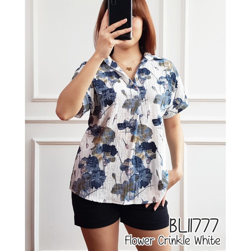 TERMURAH Blouse atasan wanita motif salur lengan pendek BL11777 SALUR - WHITE FLOWER, L DA218