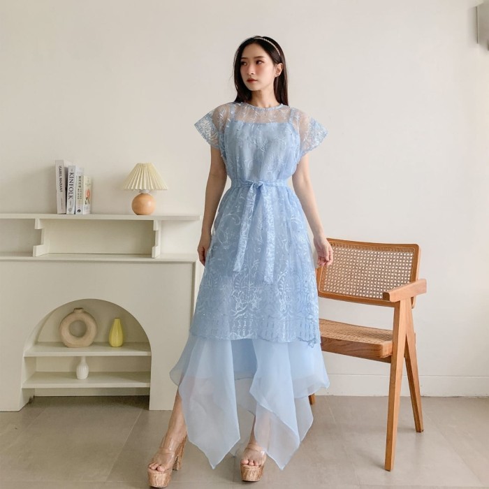 [KIRIM HARI INI ] Midi Dress Wanita Lengan Pendek 2 In 1 Inner Organza Outer Brukat - Skyblue F2M56