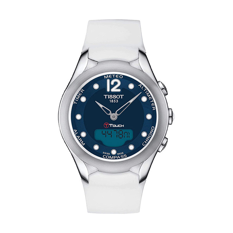 Jam Tangan Wanita TISSOT T-Touch T075.220.17.047.00 Solar Digital Analog Blue Dial White Silicone St