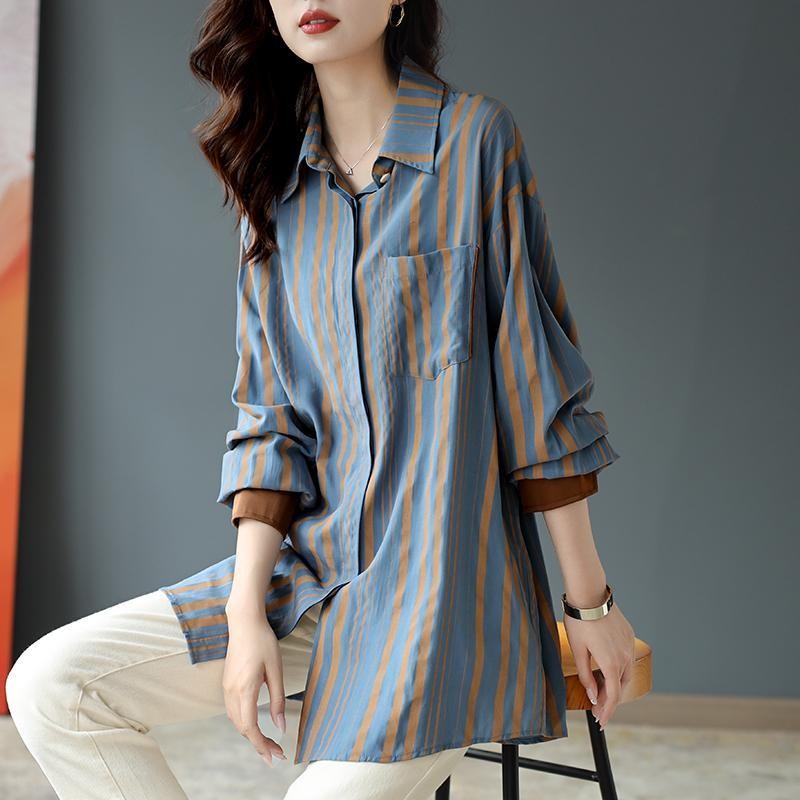 Women's New Graceful and Fashionable Western Style POLO Collar Striped Cotton Shirt