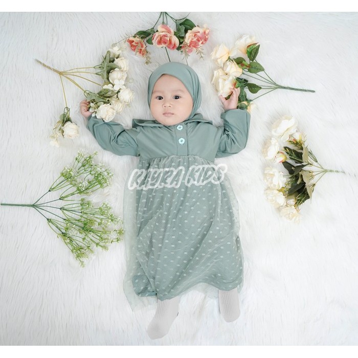 PROMO Gamis Bayi Anak Perempuan Muslim Set Hijab 0-18 bulan - Sage Green, S