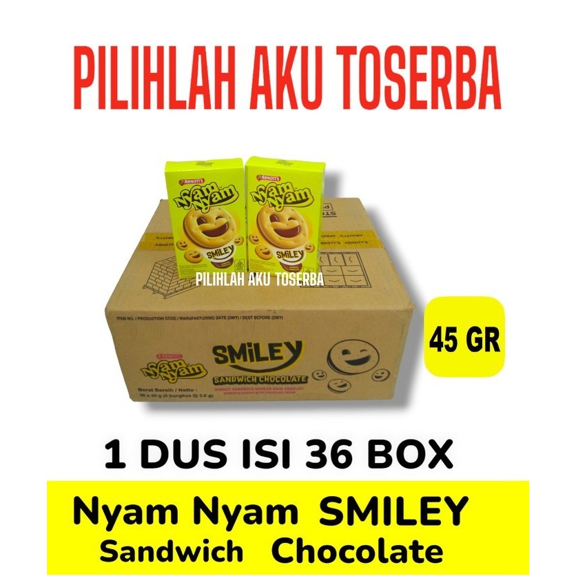 

Arnott's Nyam Nyam SMILEY Biskuit Cream Cokelat 45 gr - (HARGA 1 DUS)