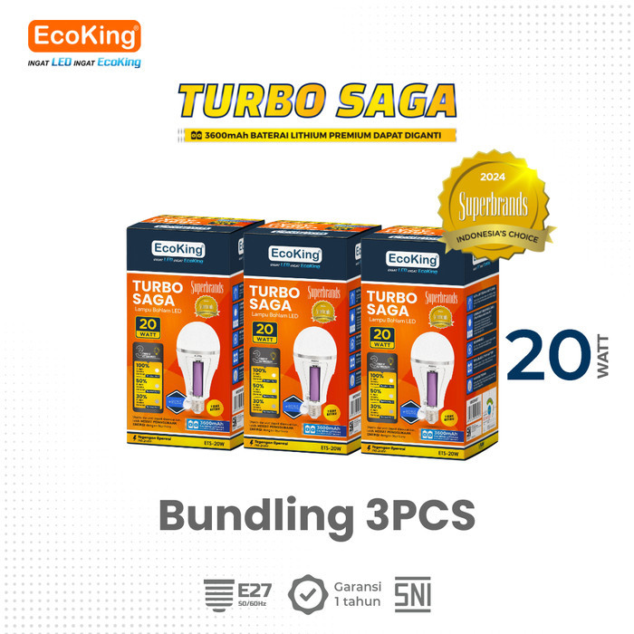 EcoKing Lampu Bohlam Led Rumah Turbo Saga EMERGENCY Tahan Lama 20W Cahaya Putih (DC 3 Level) 3 pcs