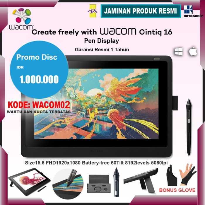 WACOM CINTIQ 16 DTK-1660 Pen Display Drawing Tablet Garansi Resmi