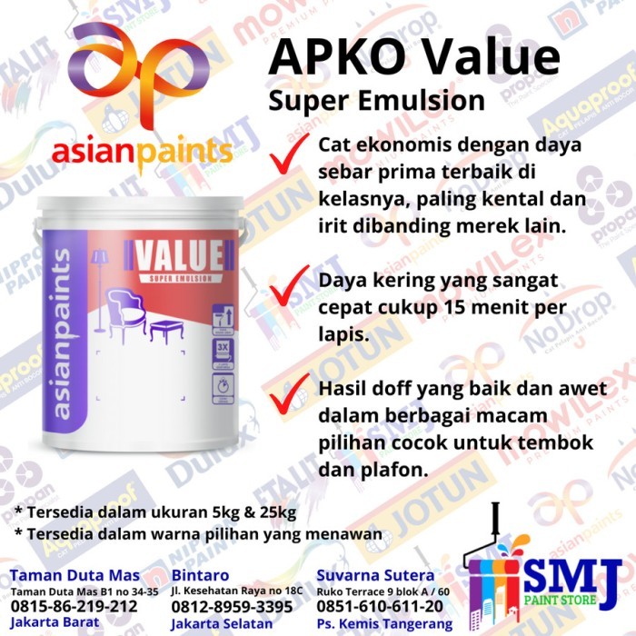 CAT TEMBOK INTERIOR ASIAN PAINT APKO VALUE SUPER WHITE / PUTIH 25KG