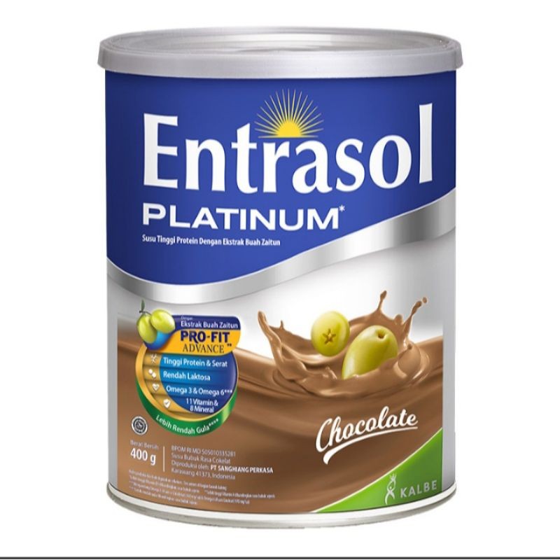 

ENTRASOL PLATINUM SUSU BUBUK TINGGI PROTEIN DEWASA RASA COKLAT 400G