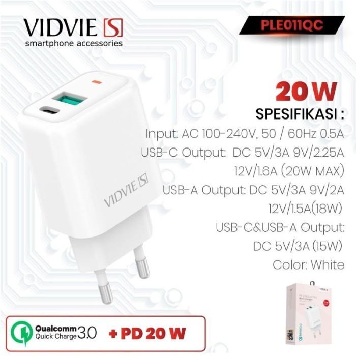 TRAVEL ADAPTER CHARGER VIDVIE'S FAST CHARGING 20W PLE011QC-S
