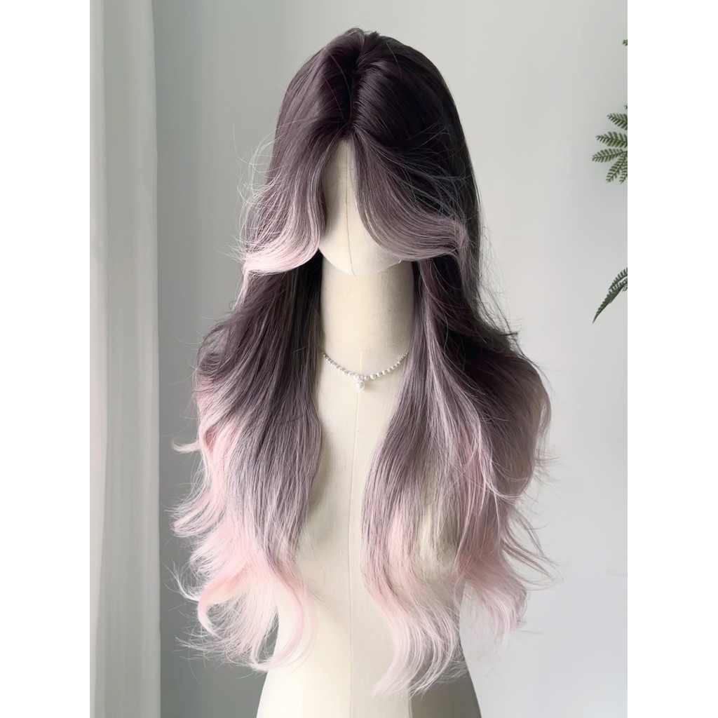Wig Wanita Full Kepala, Wig Pink Ombre, Wig Korean Style, Wig Rambut Panjang Curly, Rambut Rambut Pa