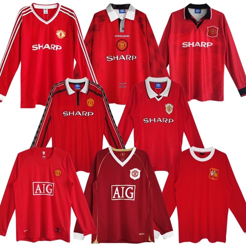 Jersey Retro Manchester United Lengan Panjang 1963 1986 Mu Home Kaus Sepak Bola Beckham Ronaldo Mera