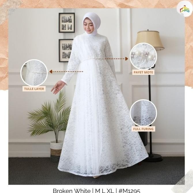 Diskon Modesee Gamis Putih Polos Brukat Mewah Aksen Payet Wanita Muslim Lyra