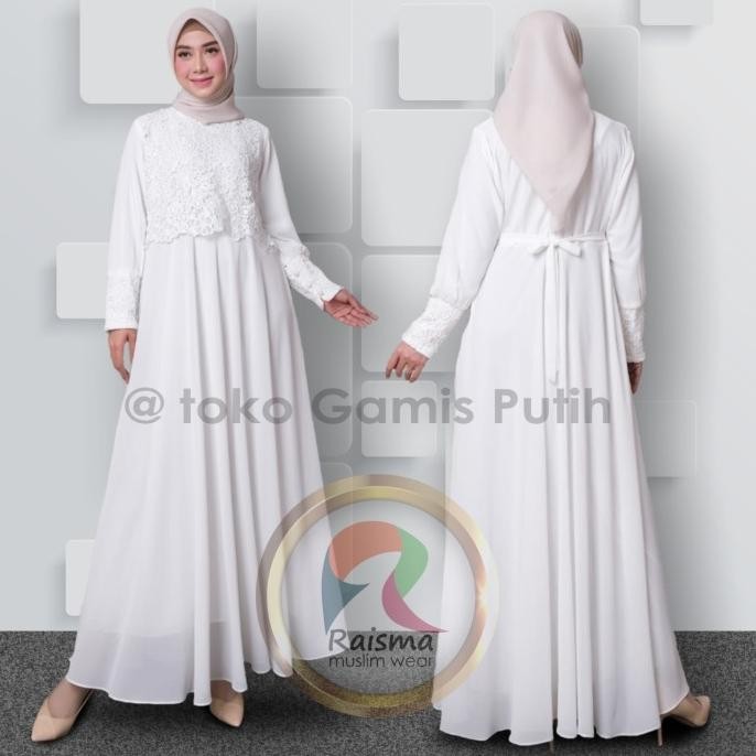 Diskon Gamis Putih Tulang Brokat Terbaru Model Mayung Tangan Manset 10Cm Rais