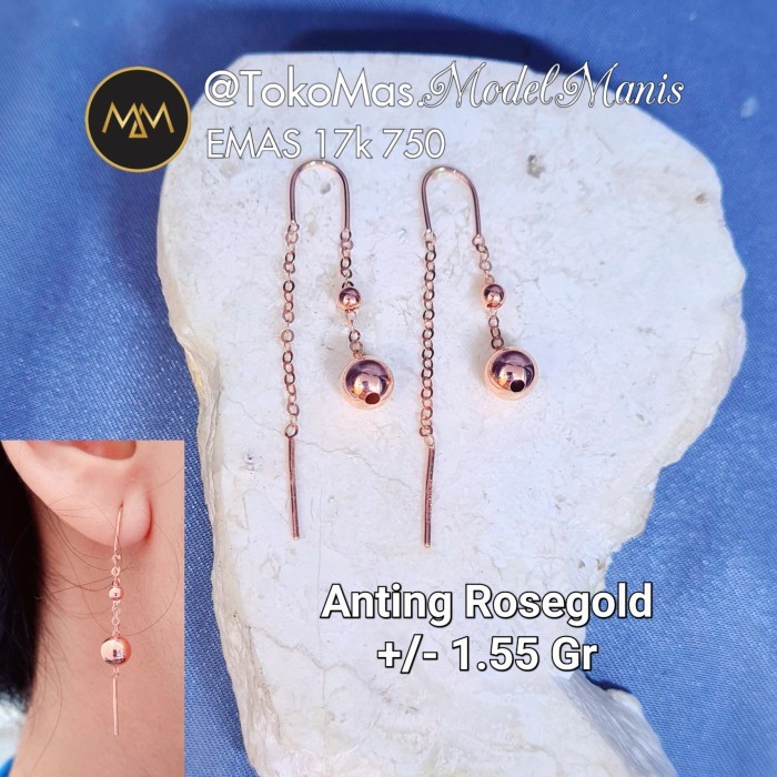 Ready Anting panjang emas putih bola emas putih 750 kadar 17k