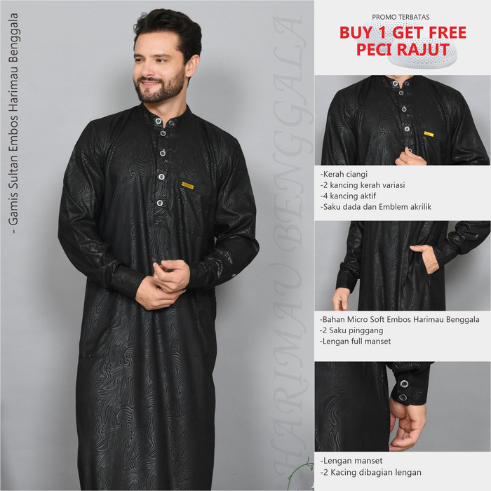 Jubah Pria SYAMSTORY Jubah Pria Embos Gamis Pria Lengan Panjang Full Manset Model Sultan - Hitam Pek